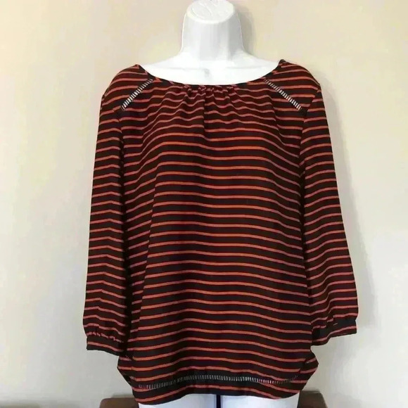 J Crew Orange & Navy Stripe 3/4 Sleeve Blouse - Picture 2 of 4